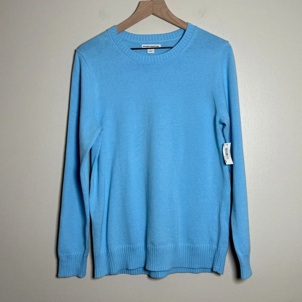 Amazon Essentials‎ NEW Womens Crewneck Sweater Large Sky Blue 100% Cotton Office